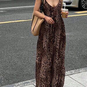 Brown Casual Women's Leopard Print Spaghetti Strap Dress